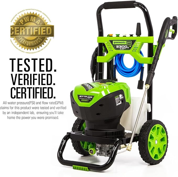 Greenworks 2300 PSI TruBrushless (2.3 GPM) Electric Pressure Washer, 25’ Hose, Quick Connect Wand, 15, 24, 40 Degree Soap and Turbo Nozzle