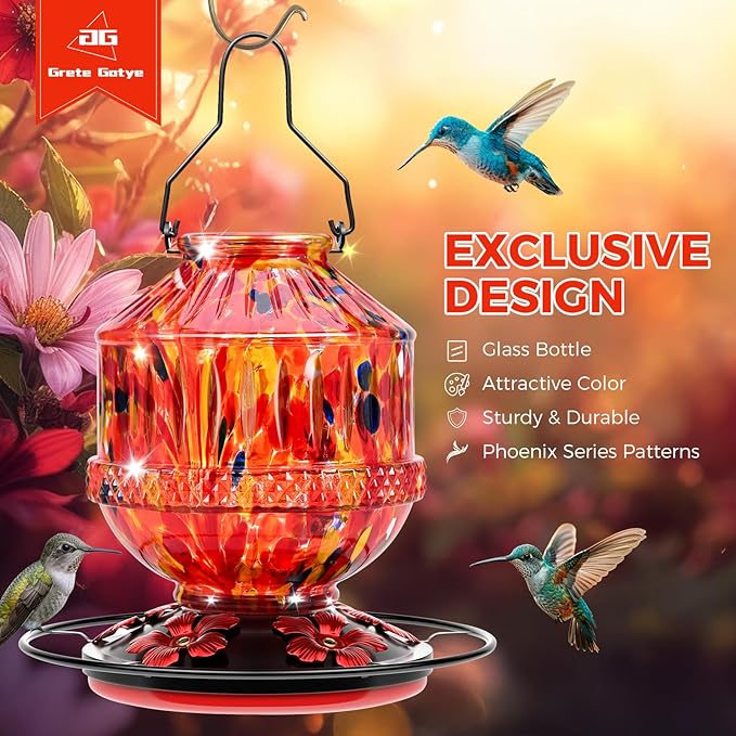 Blown Glass Hummingbird Feeders for Outdoors, 25 Ounces Wild Bird Nectar Feeder with Perch & 5 Flower Feeding Ports Leak Proof Hanging for Garden Backyard Decor, Gifts for Women Mom, Sunrise Red