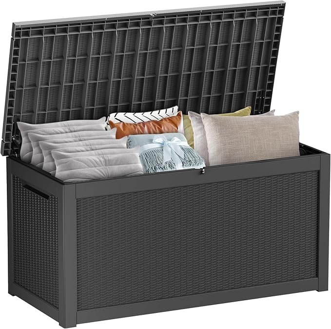 ROJIK Outdoor Storage Housing Deck Box - Waterproof Patio Furniture, Garden Tools, Cushions, Pool Accessories Storage Bench with Lockable Lid and Side Handles (Black, 315 Gal)