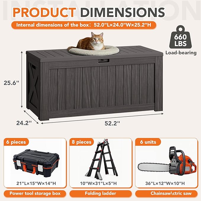 130 Gallon Deck Box Outdoor Indoor Waterproof Storage Box for Patio Furniture, Pool Accessories, Garden Tools, and Cushion Storage, Brown