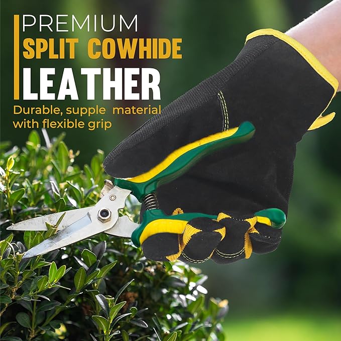 HANDLANDY Men Leather Gardening Gloves, Utility Work Gloves for Mechanics, Construction, Driver