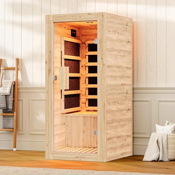 Albott Infrared Sauna 1 Person, Infrared Saunas for Home, 746W/110V Spruce Wood Dry Sauna with Foot Warmer, Easy Assembly – Compact Indoor Spa, 149℉ Fast Heating, LED Light, 27.2"x31.8"x60.2"