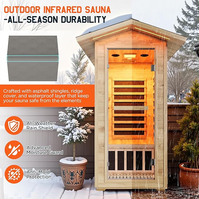 Albott Outdoor Sauna 1 Person, Infrared Saunas for Home, Low EMF 1245W/110V Spruce Wood Dry Sauna with Tourmaline Stone Foot Warmer, 7-Color Light Therapy & 2 Bluetooth Speakers, 33.5"x35.4"x78.7"