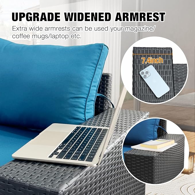 6 Pieces Patio Furniture Set All-Weather Outdoor Wicker Sectional Conversation Sofa Rattan Patio Seating Sofa with Cushion and Glass Table for Porch Poolside,Peacock Blue