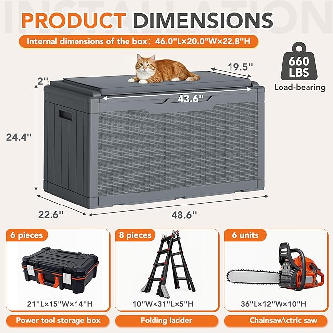 110 Gallon Deck Box Outdoor Indoor Waterproof Storage Box for Patio Furniture, Pool Accessories, Garden Tools, and Cushion Storage, Gray