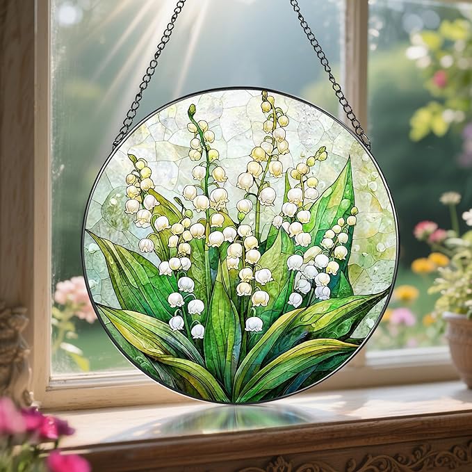 8'' Lily of the Valley Sun Catcher Ornament, Stained Glass Window Hanging, Suncatchers for Windows Hanging Ornaments, Window Decor | Flower Lover Gift, Mother's Day, Christmas, Birthday Gifts