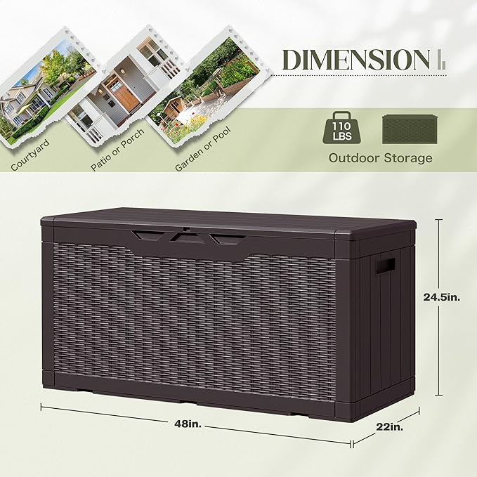 105 Gallon Deck Box Outdoor Indoor Waterproof Storage Box for Patio Furniture, Pool Accessories, Garden Tools, and Cushion Storage, Brown