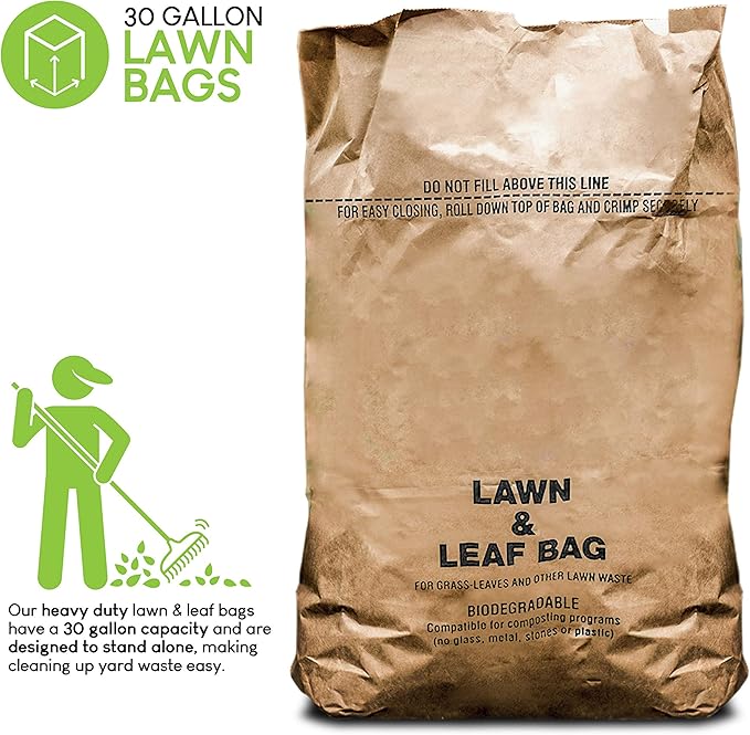 30 Gallon Kraft Lawn and Leaf Bags (10 Pack) Eco-Friendly Heavy Duty Large Paper Trash Bags, Made in the USA Tear Resistant Yard Waste Bags for Grass Clippings, Wet and Dry Leaves, Weeds, Twigs