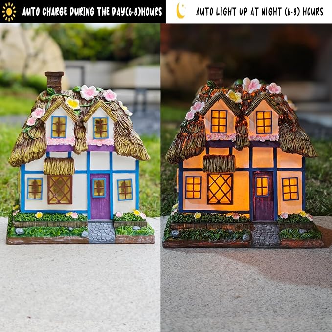 Prospect Thatched Cottage, Solar Statue Lights Mushroom Fairy House, Garden House Statues, Outdoor Memorial Ornaments Waterproof Decoration for Outside Patio Yard Lawn Decor