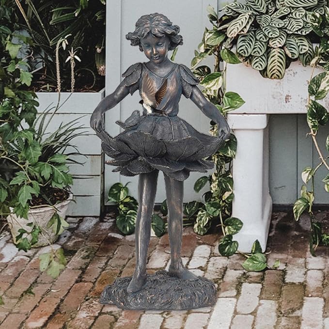 Outdoor Garden Statues - Bird Bath & Feeder Combo - Standing Angel Fairy Statues, 14.25*12.25*28.75 Inch