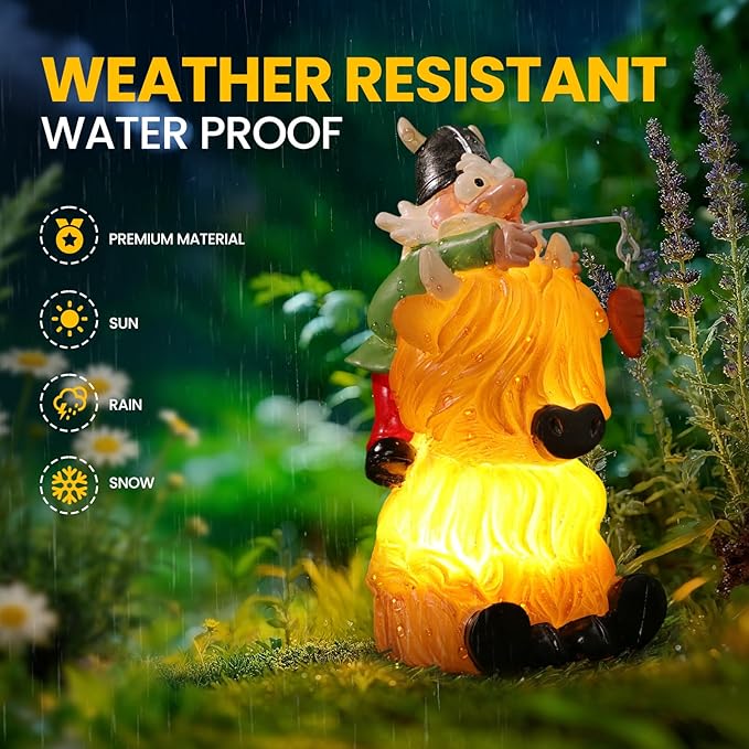 Garden Gnome Statue Highland Cow Gift,Yard Patio Balcony Outdoor Decor Solar Light Figurine, Christmas, Housewarming Gift,Idea Gift for Mom, Neighbor,Gnome Lover