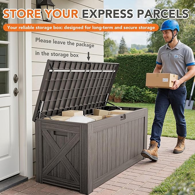 130 Gallon Deck Box Outdoor Indoor Waterproof Storage Box for Patio Furniture, Pool Accessories, Garden Tools, and Cushion Storage, Coffee