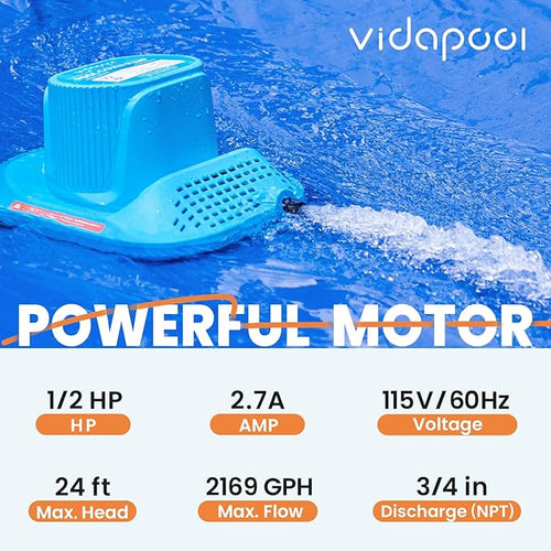 1/2 HP Pool Cover Pump Automatic On Off, Submersible Sump Pump Inground/Above Ground, 2169 GPH Water Removal Pump with 25 Feet Power Cord for Swimming Pool, Pond, Basement, Window Well
