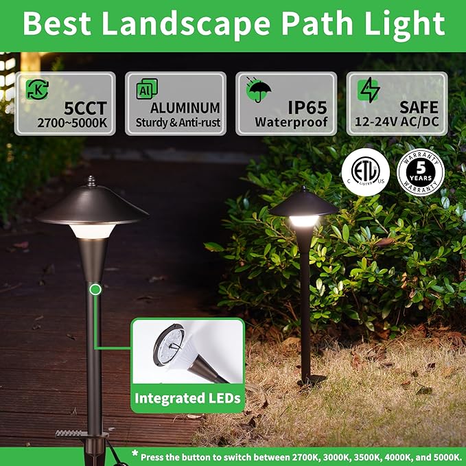 Low Voltage Pathway Lights - 2700K/3000K/3500K/4000K/5000K Selectable Landscape Sidewalk Lighting Wired, 12V Path Light Waterproof, 200lm LED Aluminum Pathlight ORB for Outside Patio Yard
