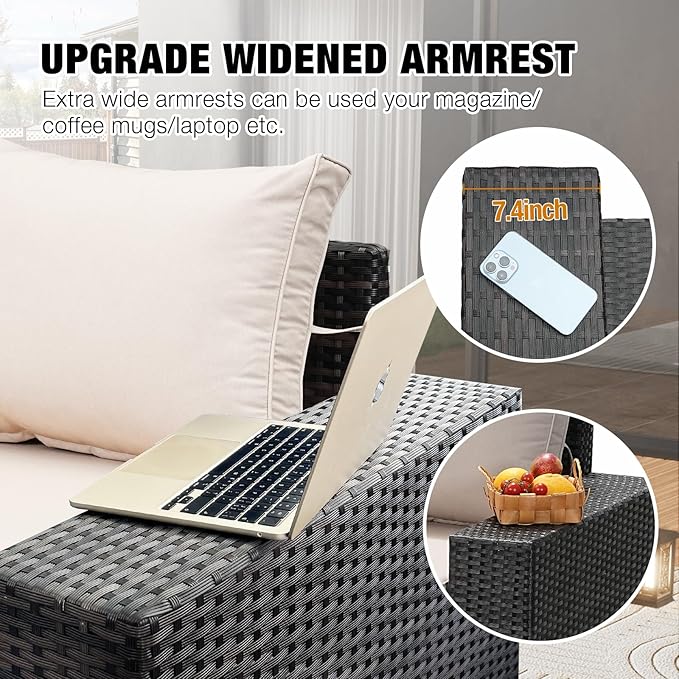 5 Pieces Patio Furniture Set All-Weather Outdoor Wicker Sectional Conversation Sofa Rattan Patio Seating Sofa with Cushion and Glass Table and Ottoman for Porch,Beige