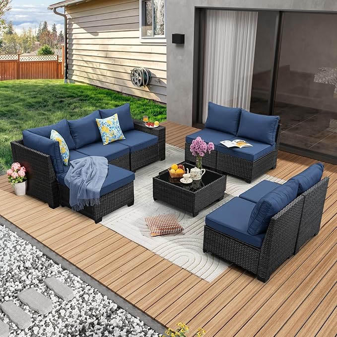 9 Pieces Patio Furniture Set All-Weather Outdoor Wicker Sectional Conversation Sofa Rattan Patio Seating Sofa with Cushion and Glass Table and Ottoman for Porch Poolside,Navy