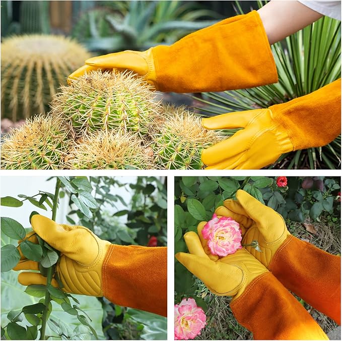 Acdyion Gardening Gloves for Women/Men Rose Pruning Thorn & Cut Proof Long Forearm Protection Gauntlet, Resistant Thick Cowhide Leather Work Garden Gloves