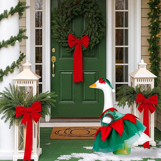 Christmas Porch Goose Outfit Dresses Clothes for 23" High Cement or Plastic Porch Goose Costume for Yard Lawn Outdoor Garden Patio Statue Xmas Santa Holiday Decor