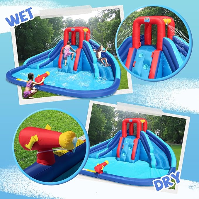 Action Air Water Slide, Inflatable Waterslide with Large Pool, Blue Bounce House with Double Slide and Climbing Wall
