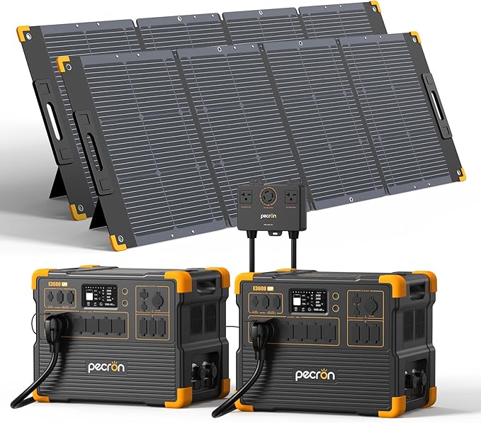 PECRON Two E3600LFP Portable Power Station with 240V Double Voltage Hub, 3072Wh Solar Generator with 2x300W Solar Panels included, 3600W LiFePO4 Battery Backup for Home Use, RV, Camping