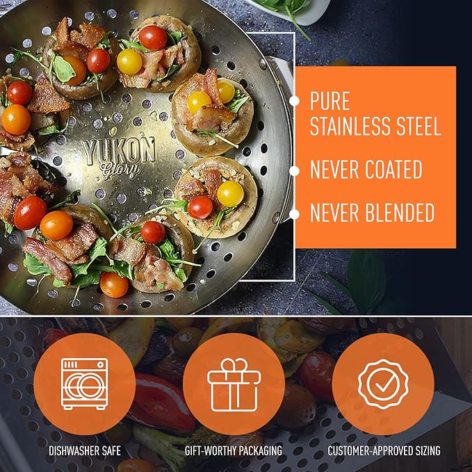 Yukon Glory 3-Piece Mini Grill Basket Set, Perforated Stainless Steel Vegetable BBQ Baskets With Grill Pan Topper, Square & Round, Dishwasher Safe