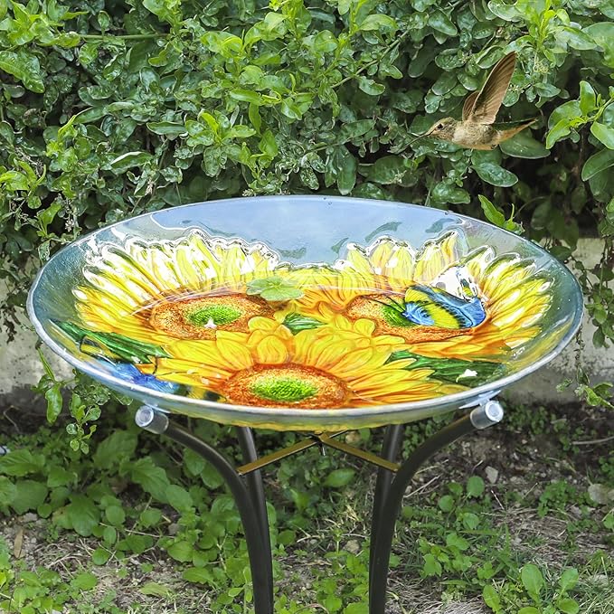 MUMTOP Outdoor Glass Birdbath with Metal Stand for Outside Lawn Yard Garden Sunflower Decor,18” Dia/21.65 Height