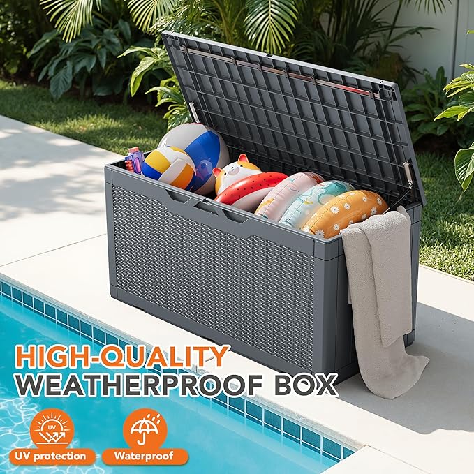 110 Gallon Deck Box Outdoor Indoor Waterproof Storage Box for Patio Furniture, Pool Accessories, Garden Tools, and Cushion Storage, Gray
