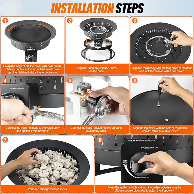 Outdoor Portable Propane Fire Pit, 19-Inch,60,000 BTU with Cover&Carry Handle,Fireplace,Gas Firebowl Smokeless,Portable Fire Pit for Outside Patio, Backyard, Camping,RV,Deck,Tailgating