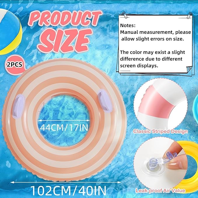 2 PCS Striped Pool Floats for Adults Swimming Rings Tube with Handles -Inflatable Pool Float Tube for Adults Pool Floats for The Beach, Party, Vacation