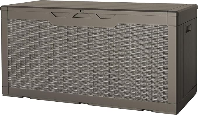 JUMMICO 100 Gallon Resin Deck Box, Waterproof Outdoor Storage Box with Lockable Lid for Garden Tools, Patio Cushions (Light Brown)