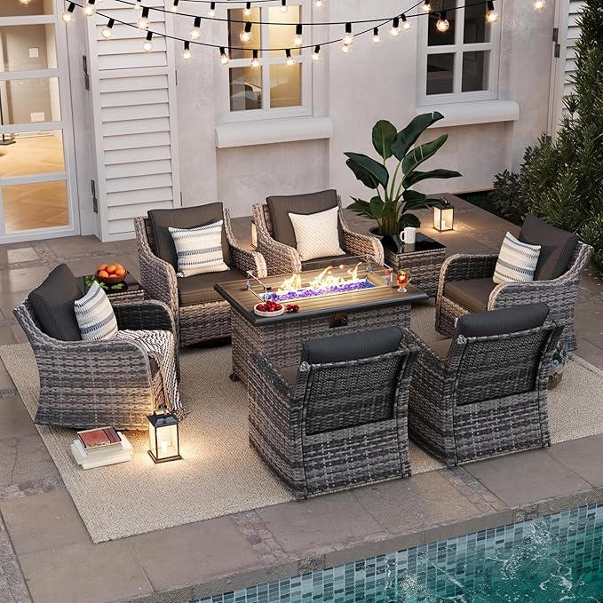MEISSALIVVE 9 Pieces Patio Furniture Set with 43" Fire Pit Table, Wicker Patio Conversation Set with Swivel Rocking Chairs, Outdoor Patio Set for Lawn Backyard Porch (Grey)