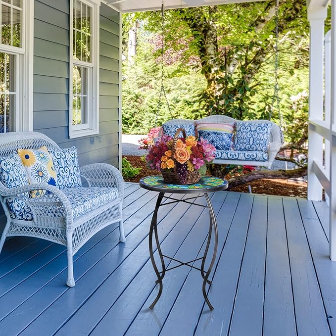 MUMTOP Outdoor Side Table - Small Mosaic Patio Tables, 14” Round Accent End Coffee Glass Plant Stand for Garden Living Room(Peacock)