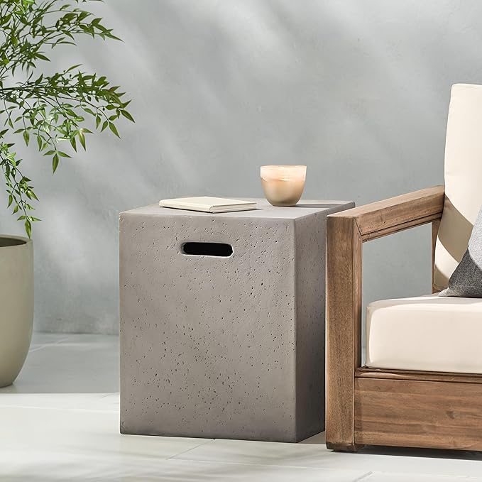 Propane Tank Cover Table for Fire Pits, 20 LB Concrete Propane Tank Holder with Side Handles, Outdoor Tank Storage Side Table for Patio, Gas Griddle, Light Gray