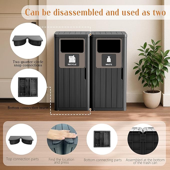 ROJIK 35" Tall Outdoor Trash Can,Weatherproof Resin Garbage Indoor Durable Lightweight,Suitable for Patio Office Kitchen,Easy to Clean,Assemble(Waste&Recycle, Black)
