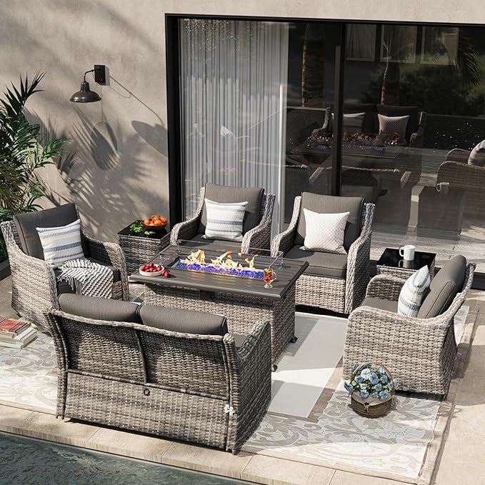 MEISSALIVVE 8 Pieces Patio Furniture Set with 43" Fire Pit Table, Wicker Patio Conversation Set with Swivel Rocking Chairs, Outdoor Patio Set for Lawn Backyard Porch (Grey)