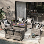 MEISSALIVVE 8 Pieces Patio Furniture Set with 43" Fire Pit Table, Wicker Patio Conversation Set with Swivel Rocking Chairs, Outdoor Patio Set for Lawn Backyard Porch (Grey)