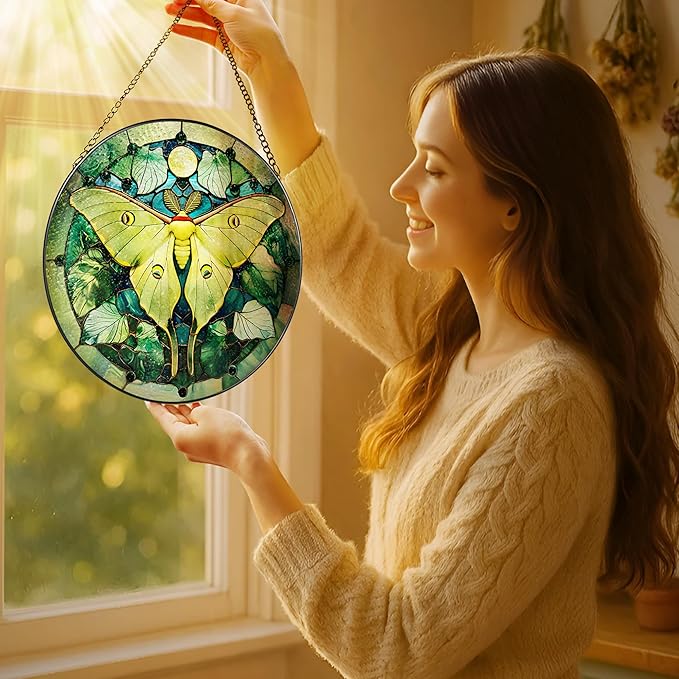 Luna Moth Sun Catcher, 8 Inch Stained Glass Suncatcher, Stained Glass Window Hanging, Luna Moth Indoor Decor, Idea Gift, Gift Exchange