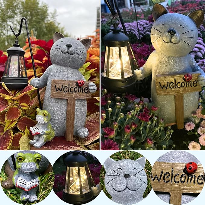 Cat Garden Statue with Solar Lantern: Cat Outdoor Figurine Decorations -Solar Garden Statue Decor for Patio,Balcony,Yard, Lawn - Gift for Mom, Grandma,Women, Housewarming,Birthday