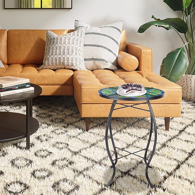 MUMTOP Outdoor Side Table - Small Mosaic Patio Tables, 14” Round Accent End Coffee Glass Plant Stand for Garden Living Room(Peacock)