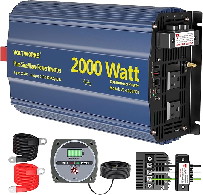 Power Inverter 2000Watt Pure Sine Wave Inverter 12V to 110V 120V AC with PD36W USB-C 40A AC Terminal Blocks Builtin UL Fuse Compatible with Lithium Battery Starlink for Car Off-Grid Solar RV VOLTWORKS