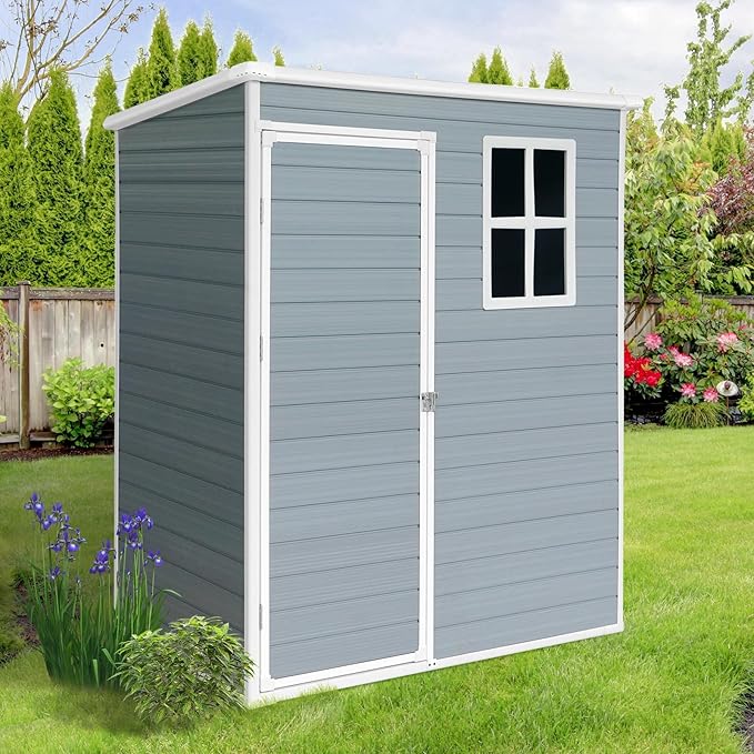 JT 5×3ft Resin Outdoor Storage Shed,Outdoor Storage Shed with Floor & Window to Store Patio Furniture, Garden Tools Bike Accessories, Beach Chairs and Lawn Mower. (Grey, 5ft*3ft)