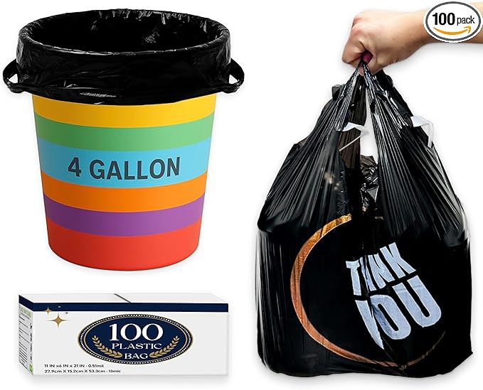 4 Gallon Small Black Trash Bags with Handles 100 Count, 11" x 21" Plastic Garbage Bags for Home, Kitchen, Office, Bathroom Thank You T-Shirt Style Bags for Small Business, Takeout, Grocery Use