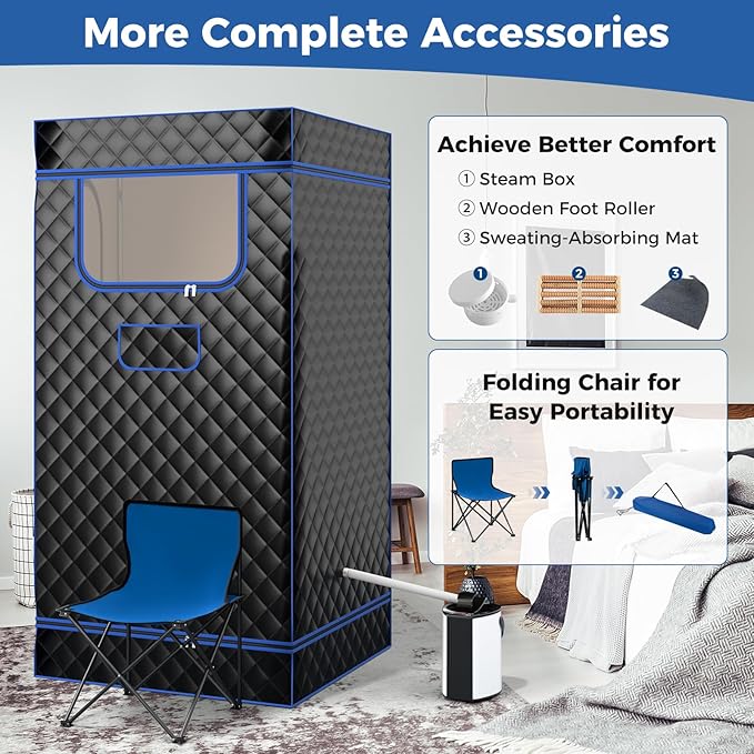 Giantex Portable Sauna Box, Full Body Steam Sauna for Home with 3L Generator, Remote Control, Folding Chair & Wooden Foot Roller, Lightweight Single Person Sauna Tent, 36" x 36" x 72" (Blue+Black)