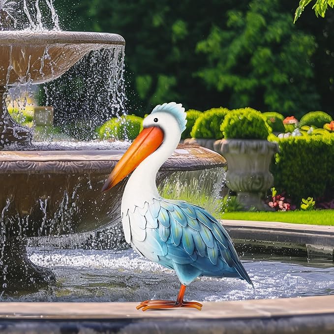 Pelican Statues Metal Garden Decor Coastal Blue Heron Yard Art Sculpture Ornament for Backyard Porch Patio Pond Decor