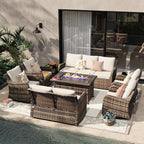 MEISSALIVVE Outdoor Patio Furniture Set with 43" Fire Pit Table, 9 Pieces Wicker Patio Conversation Set with Swivel Chairs, Outdoor Patio Set for Lawn Backyard Porch (Brown)