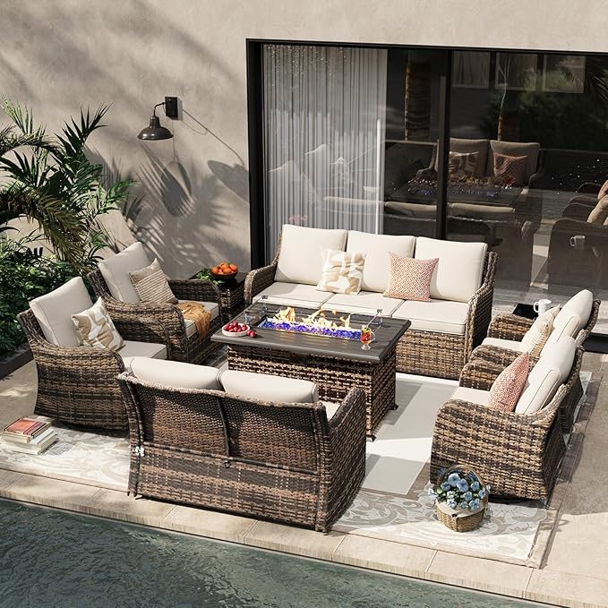 MEISSALIVVE Outdoor Patio Furniture Set with 43" Fire Pit Table, 9 Pieces Wicker Patio Conversation Set with Swivel Chairs, Outdoor Patio Set for Lawn Backyard Porch (Brown)