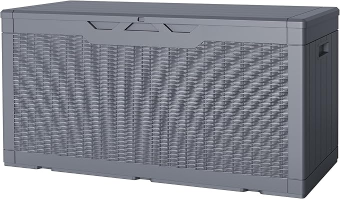 JUMMICO 100 Gallon Resin Deck Box, Waterproof Outdoor Storage Box with Lockable Lid for Garden Tools, Patio Cushions (Gray)