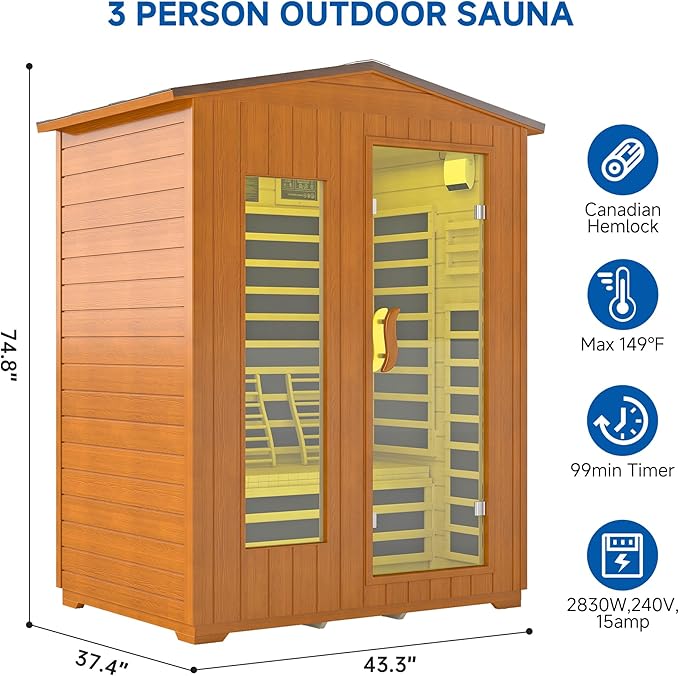 Outdoor Sauna 3 Person, Far Infrared Sauna for Home Low EMF, Wooden Spa Dry Saunas Room with Infrared Lighting and Bluetooth Speakers, 7 Colors Chromotherapy for Outdoor, Indoor and Gym