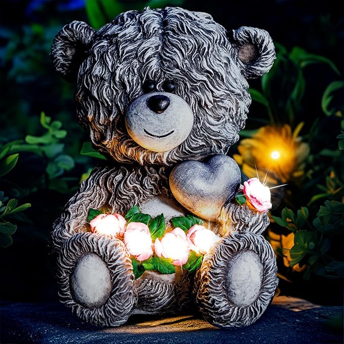 Solar Garden Outdoor Statues Bear with Heart and Pink Flower and 5 LED Lights-Lawn Decor Bear Statue for Patio, Balcony, Yard Ornament-Unique Mother's Day and Housewarming Gifts for Mom, Women
