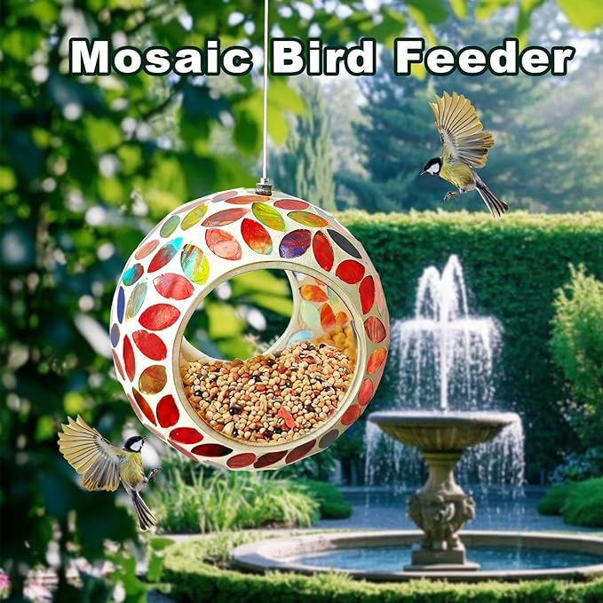 Mosaic Bird Feeder, Outside Hanging with Round Shape Glass BirdFeeders to Attract More Wild Birds, Mosaic Fly Through for Garden, Yard, Backyard, Deck and Porch Decor, Red 7-Inch